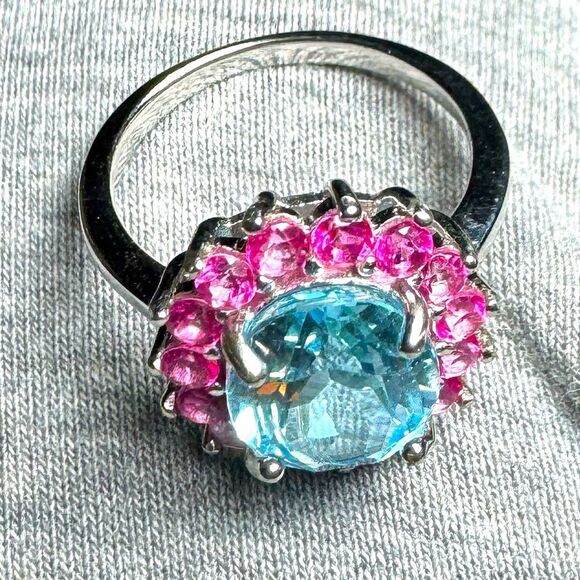 NWOT Blue Topaz 5.20 carat Pink Apatites Sterling Silver Ring Size 7 - Picture 8 of 8